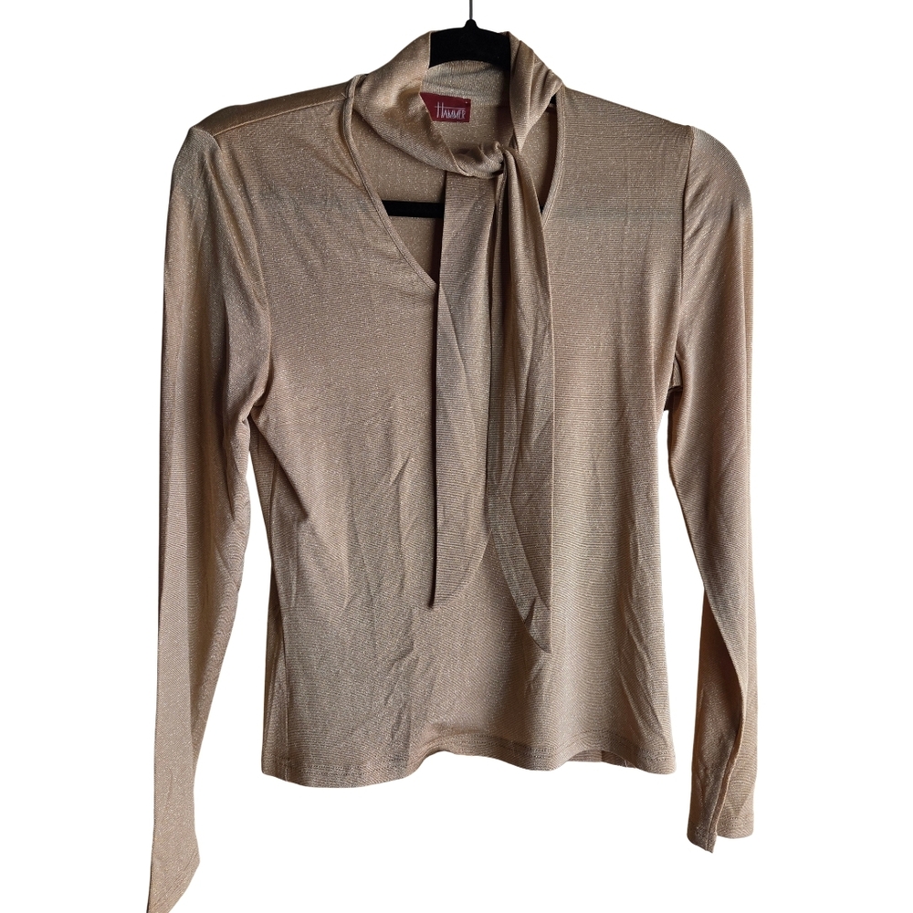 Vintage Hammer Gold Sparkly Long Sleeve Women's Top With Neck Tie